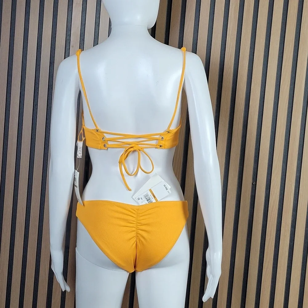 BECCA Ribbed Underwire Bikini Womens Small Orange Lace Up Back - NWT